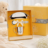 Luxuriöses Baby Geschenkset aus 925 Silber mit Teller, Kinderbecher und Bärenlöffel in edler goldener Geschenkbox zur Taufe oder Geburt