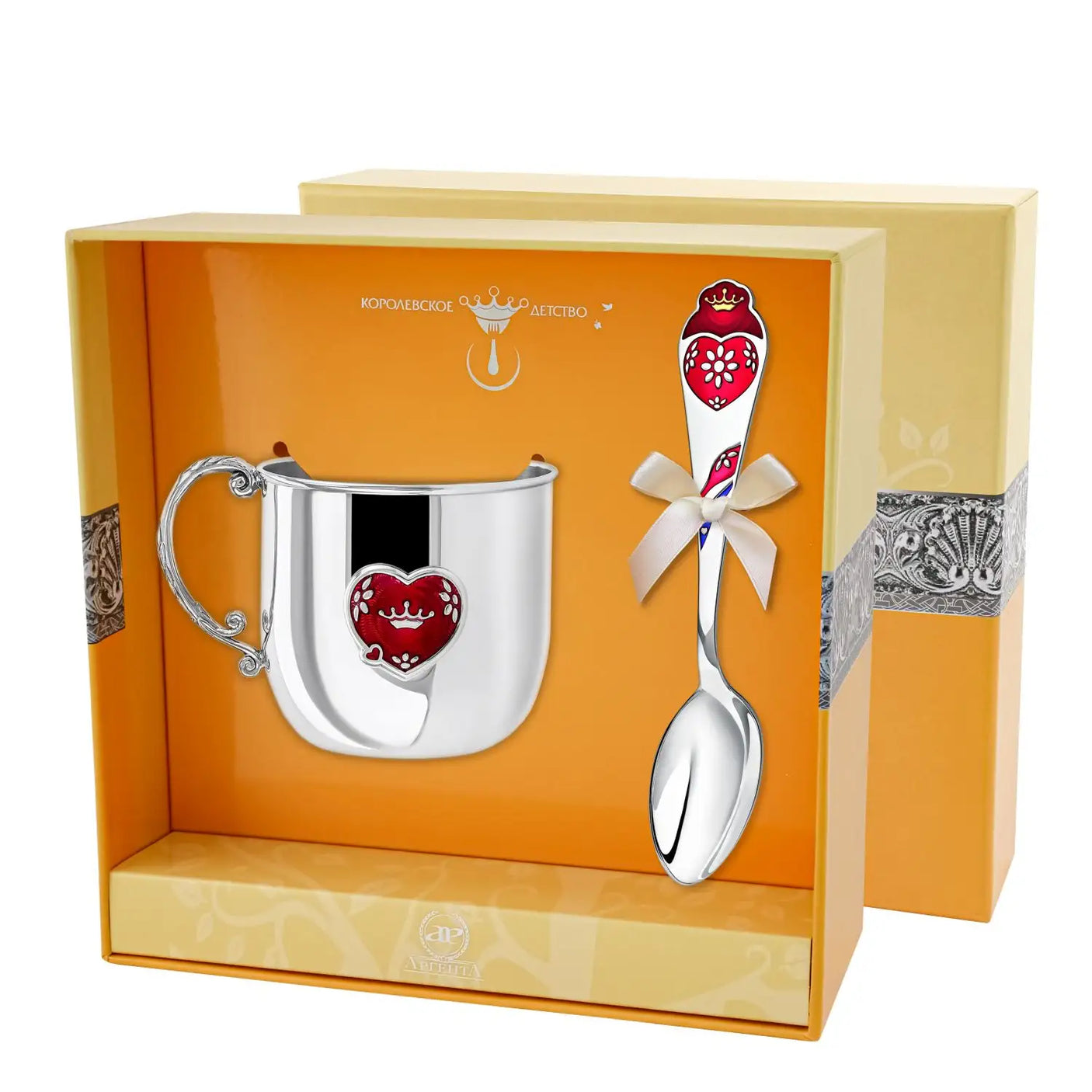 Babylöffel 925 Sterling Silber mit roter Herz-Emaille und Blütenmuster für Taufe und Geburt.