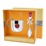 Babylöffel 925 Sterling Silber mit roter Herz-Emaille und Blütenmuster für Taufe und Geburt.