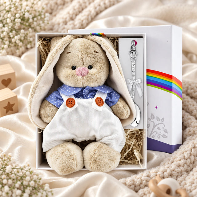 Baby Geschenkset Babylöffel Silber Bunny in der Geschenkbox — Lifestyle-Setting
