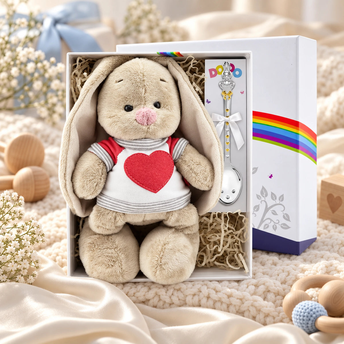 Baby Geschenkset Babylöffel 925 Silber Bunny Junge in der DoDo-Geschenkbox — Lifestyle-Setting