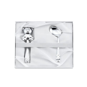 Baby-Geschenkset 925 Silber Teddybär — Stielrassel mit Bär-Figur und gebogener Babylöffel in weißer Box