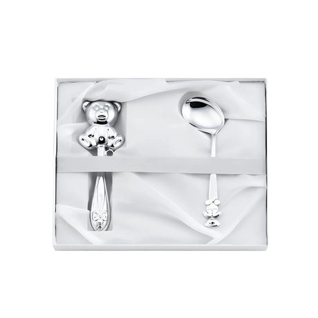 Baby-Geschenkset 925 Silber Teddybär — Stielrassel mit Bär-Figur und gebogener Babylöffel in weißer Box