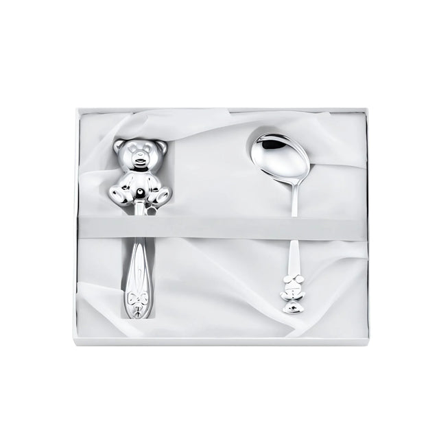 Baby-Geschenkset 925 Silber Teddybär — Stielrassel mit Bär-Figur und gebogener Babylöffel in weißer Box