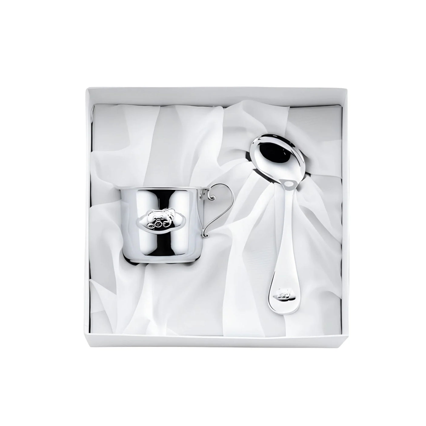 Geschenkset 925 Silber Bär — Kinderbecher mit Bär-Relief und gebogener Babylöffel in weißer Box