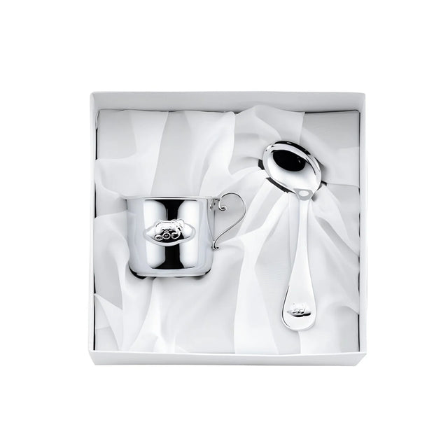Geschenkset 925 Silber Bär — Kinderbecher mit Bär-Relief und gebogener Babylöffel in weißer Box