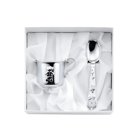 Geschenkset 925 Silber Bär — Kinderbecher mit Bär-Relief und gerader Geburtslöffel in weißer Box