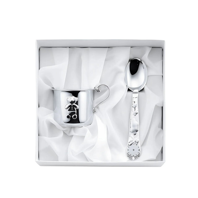 Geschenkset 925 Silber Bär — Kinderbecher mit Bär-Relief und gerader Geburtslöffel in weißer Box