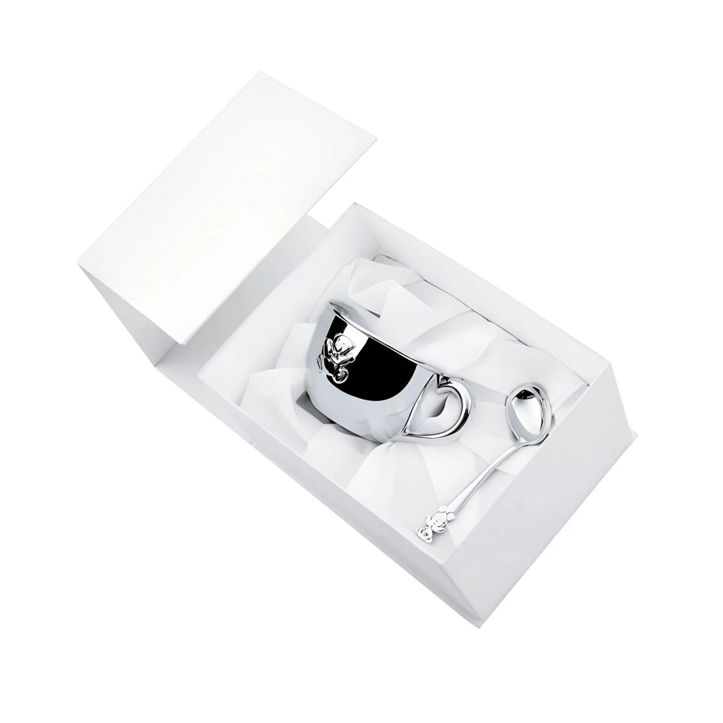 Geschenkset 925 Silber Bär — Babytasse und Babylöffel in geöffneter weißer Geschenkbox mit Satin