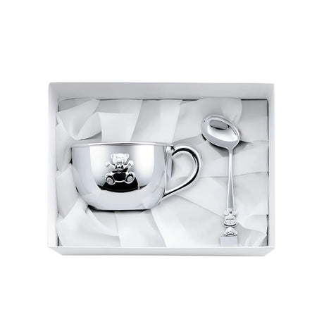 Geschenkset 925 Silber Bär — große Babytasse mit Henkel und Bär-Relief und gebogener Babylöffel in weißer Box