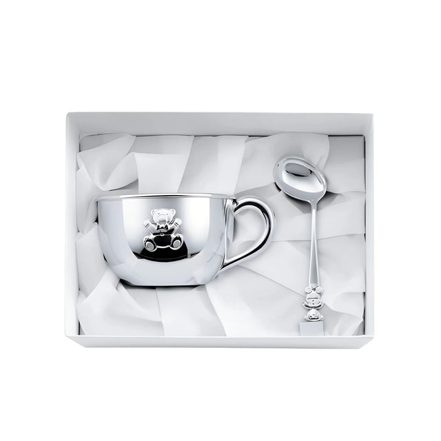 Geschenkset 925 Silber Bär — große Babytasse mit Henkel und Bär-Relief und gebogener Babylöffel in weißer Box