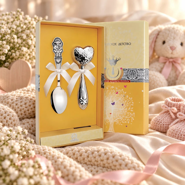 Baby Geschenkset Mädchen & Herz – Löffel & Rassel 925 Silber in der Original-Geschenkbox — Lifestyle-Aufnahme auf cremefarbenem Satin mit Plüschtier und Schleierkraut, Geschenk zur Geburt