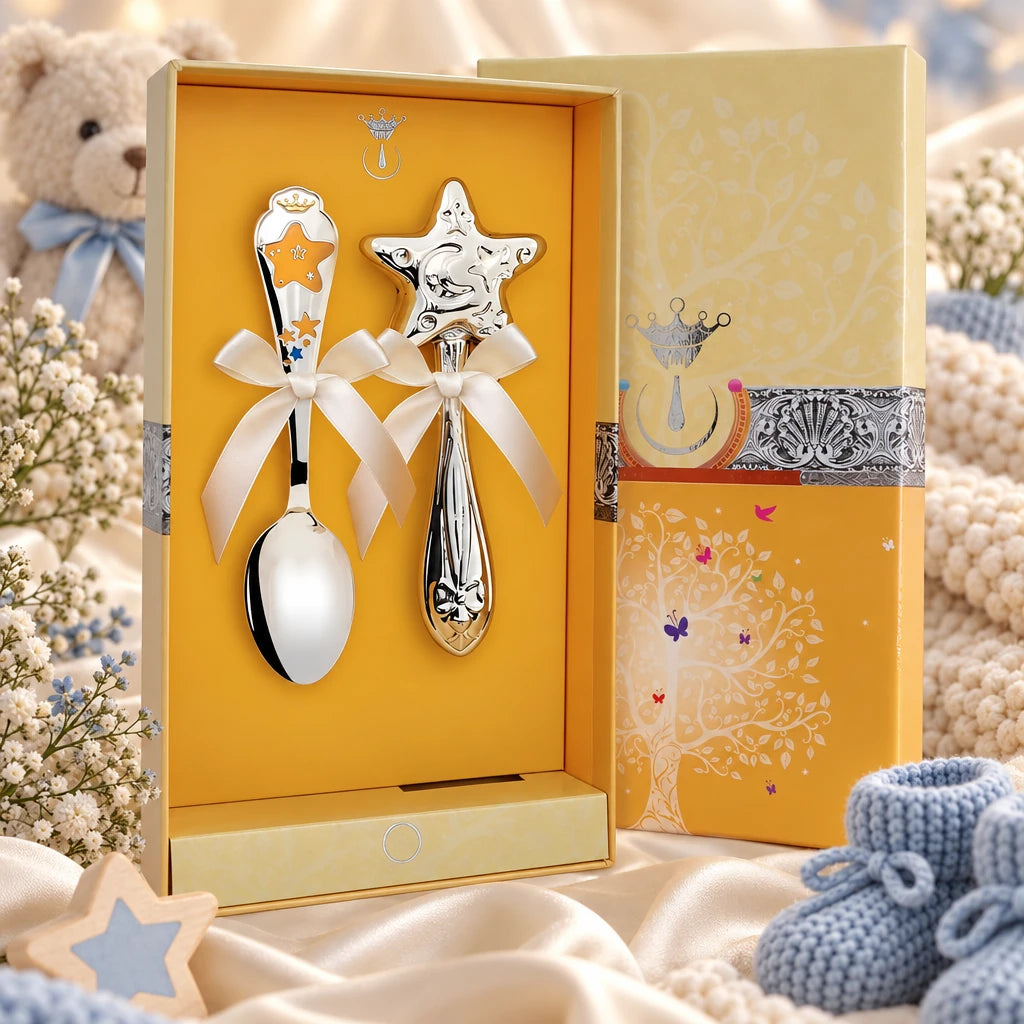 Baby Geschenkset Sterne Junge – Rassel & Kinderlöffel 925 Silber in der Original-Geschenkbox — Lifestyle-Aufnahme auf cremefarbenem Satin mit Plüschtier und Schleierkraut, Geschenk zur Geburt