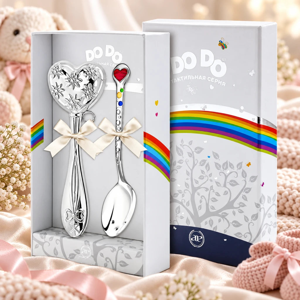 Babygeschenk 925 Silber Herz Emaille Löffel & Stielrassel in der Original-Geschenkbox — Lifestyle-Aufnahme auf cremefarbenem Satin mit Plüschtier und Schleierkraut, Geschenk zur Geburt