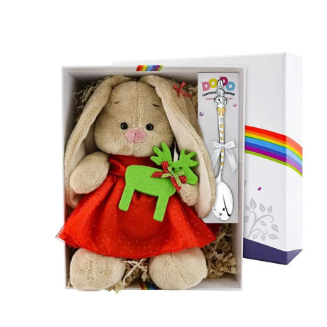 Baby Geschenkset 925 Silber Bunny Mädchen — Plüschhäsin im roten Kleid und Babylöffel in DODO-Regenbogenbox