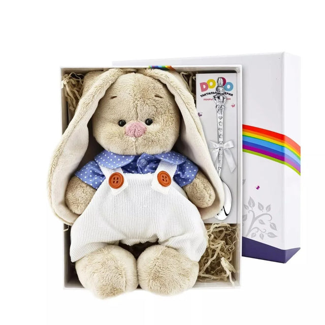 Baby Geschenkset 925 Silber Bunny — Plüschhase und Babylöffel in weißer DODO-Regenbogenbox