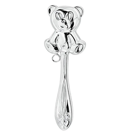 Babyrassel 925 Silber Bär — Stielrassel mit dreidimensionalem Teddybär-Kopf am verzierten Stiel, Detailansicht