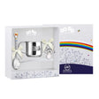 Geschenkset 925 Silber Dampflok — Becher, Löffel und Schnuller in offener Box neben DoDo-Box mit Regenbogen-Motiv