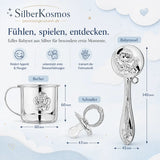 Baby-Silberset Engel aus 925 Silber mit Babyrassel, Becher und Schnuller als Infografik mit Größenangaben