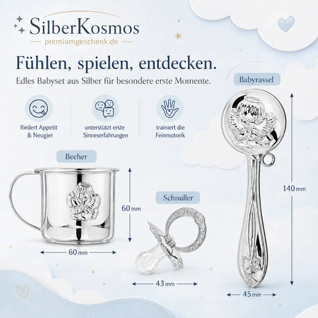 Baby-Silberset Engel aus 925 Silber mit Babyrassel, Becher und Schnuller als Infografik mit Größenangaben