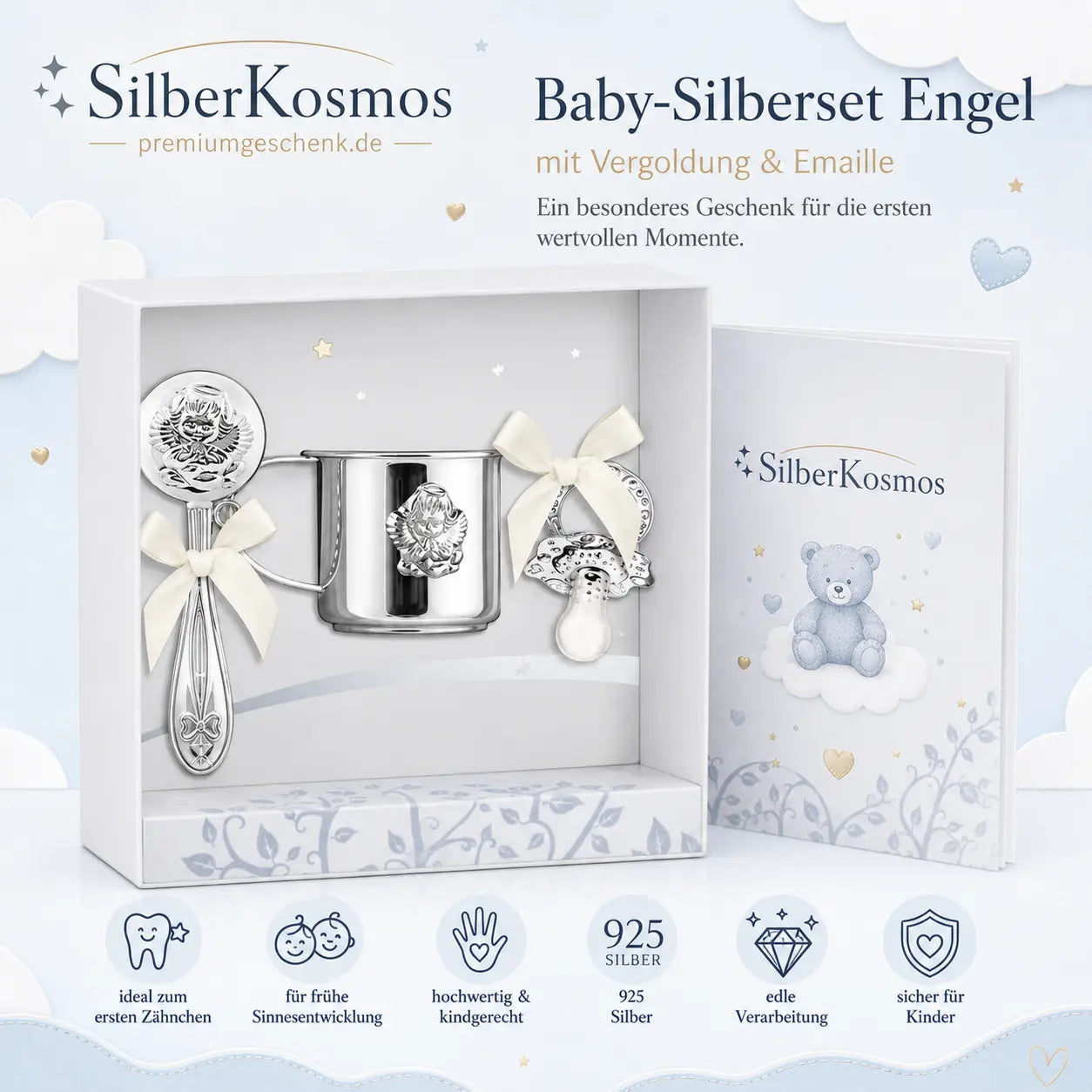 Baby-Silberset Engel aus 925 Silber mit Babyrassel, Becher und Schnuller in Geschenkbox als Infografik