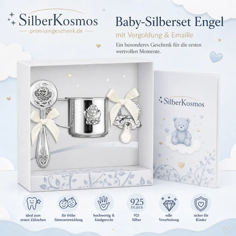 Baby-Silberset Engel aus 925 Silber mit Babyrassel, Becher und Schnuller in Geschenkbox als Infografik