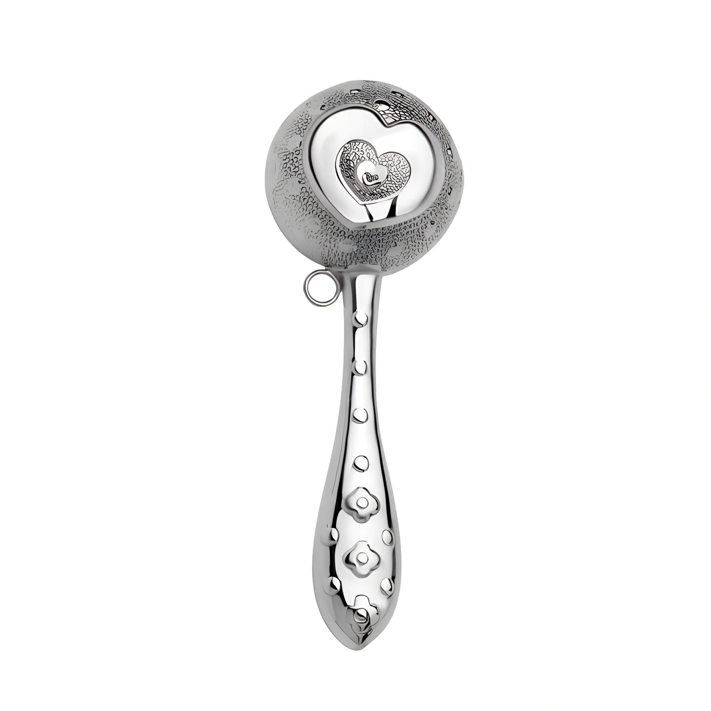 Babyrassel Silber 925 mit Herz-Design in Kugelform – Edles Babygeschenk zur Geburt oder Taufe.