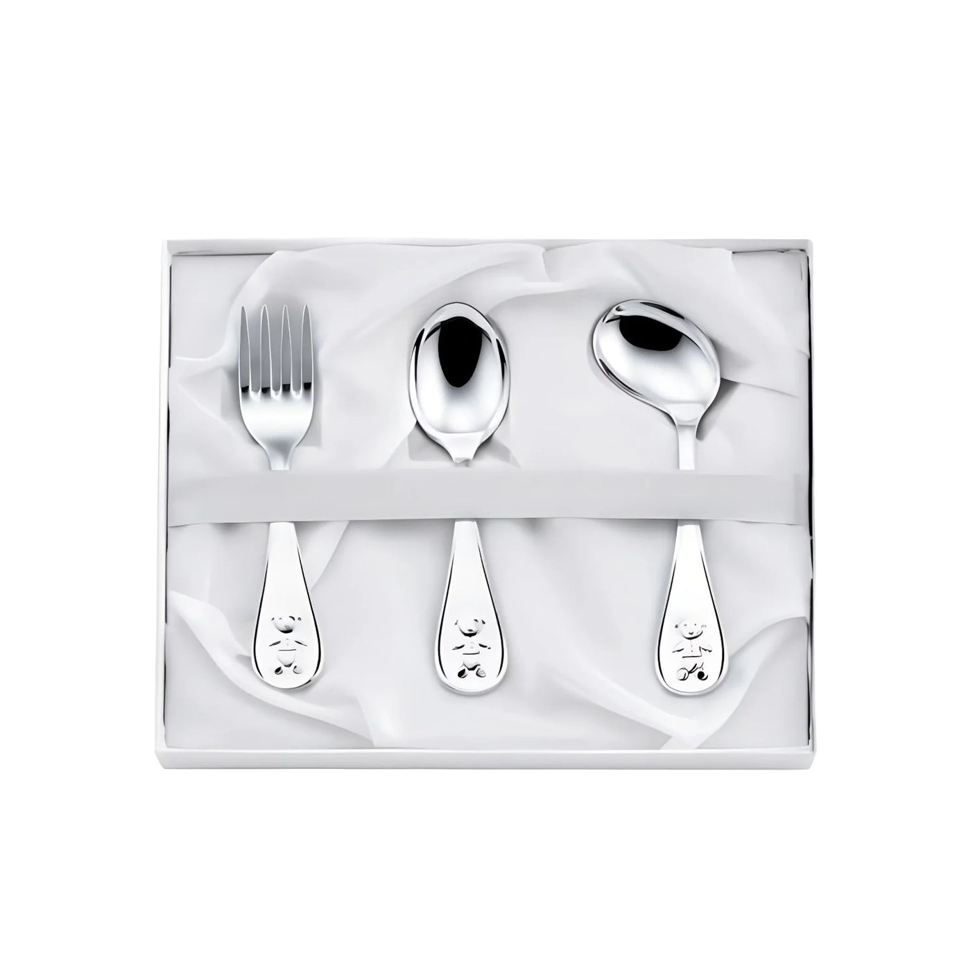 3-teiliges Babybesteck aus 925 Silber mit Teddybär Gravur – Löffel, Gabel, Geschenkset.