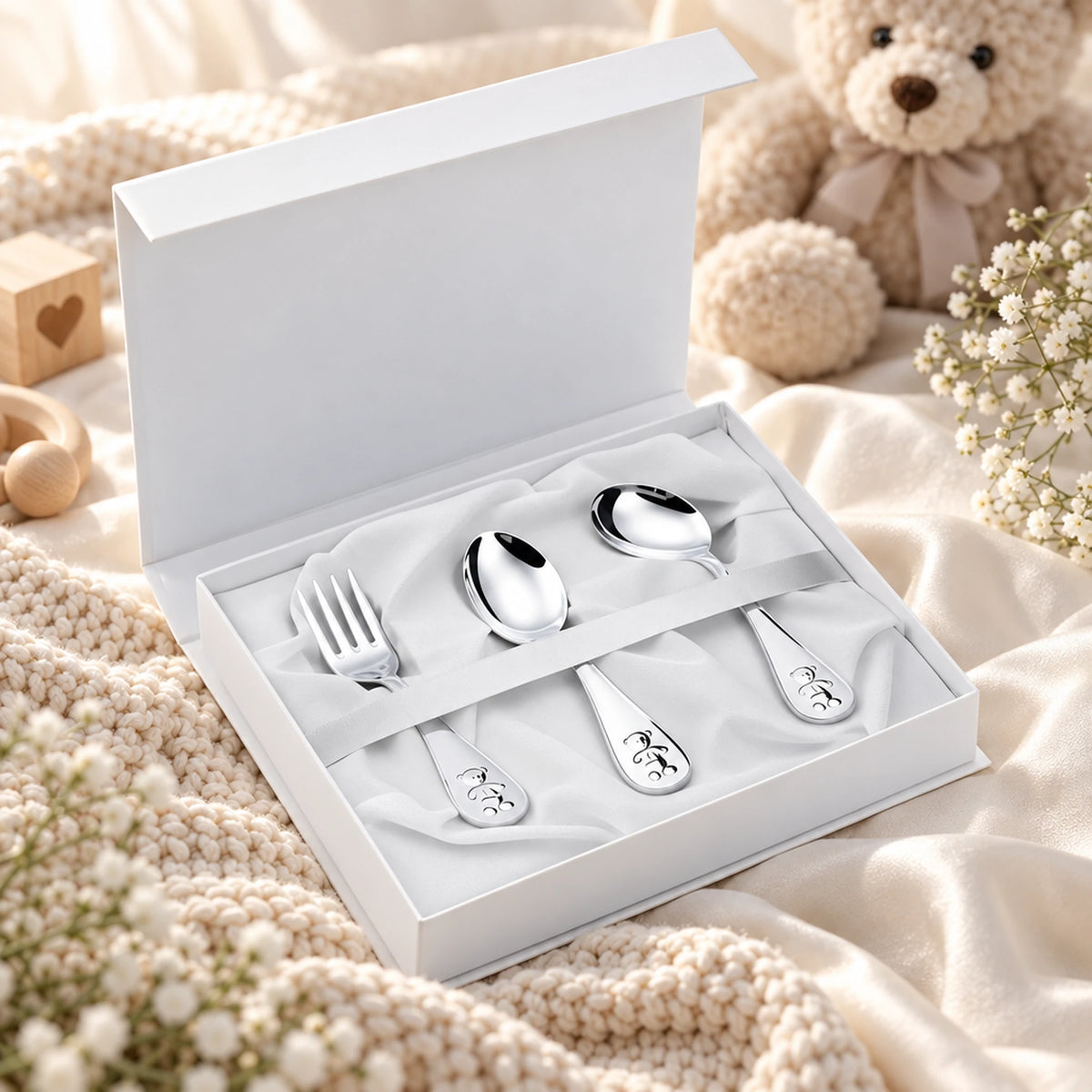 Babybesteck 925 Silber Teddybär-Motiv in der Geschenkbox — Lifestyle-Setting, Geschenk zur Geburt und Taufe