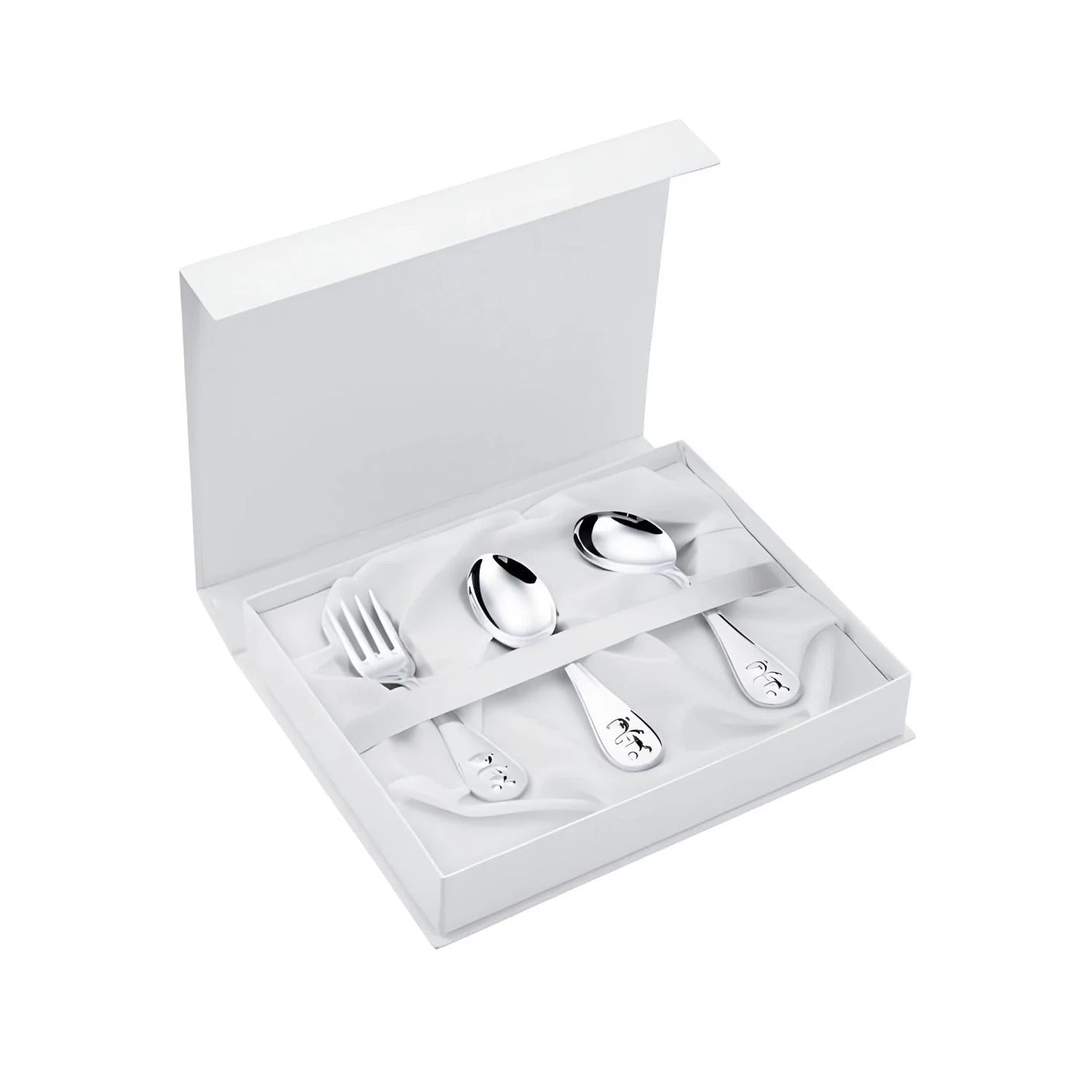 Babybesteck Set aus 925er Silber mit Teddybär-Motiv, 3-teilig in Geschenkbox.