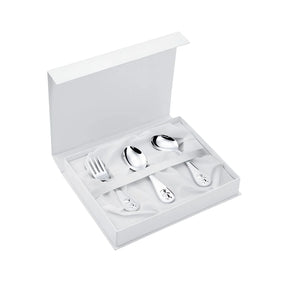 Babybesteck Set aus 925er Silber mit Teddybär-Motiv, 3-teilig in Geschenkbox.