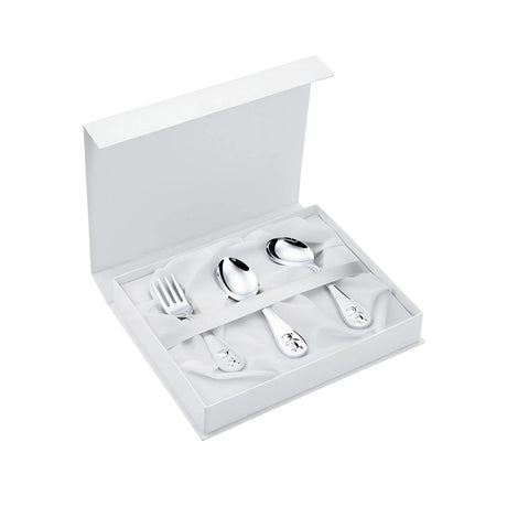 Babybesteck Set aus 925er Silber mit Teddybär-Motiv, 3-teilig in Geschenkbox.
