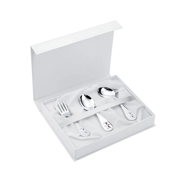 Babybesteck Set aus 925er Silber mit Teddybär-Motiv, 3-teilig in Geschenkbox.