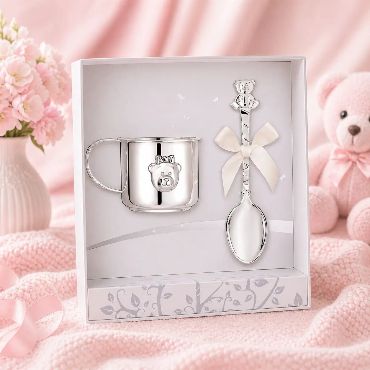 Baby Geschenkset 925 Silber Kinderbecher & Babylöffel – Teddybär Mädchen