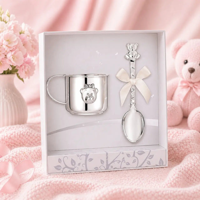 Baby Geschenkset 925 Silber Kinderbecher & Babylöffel – Teddybär Mädchen