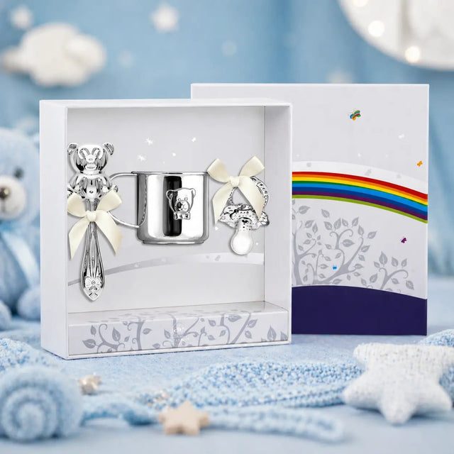 Baby Geschenkset 925 Silber Schnuller & Rassel Junge - Bär