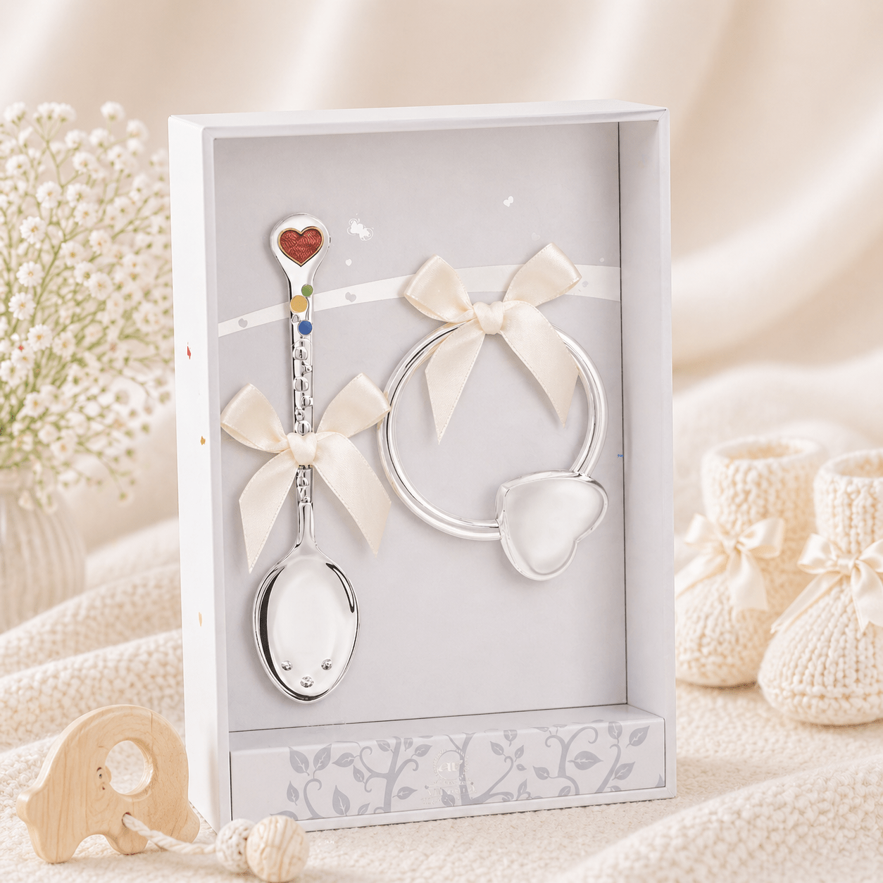 Baby Geschenkset 925 Silber Herz – Emaille - Löffel & Silber - Rassel