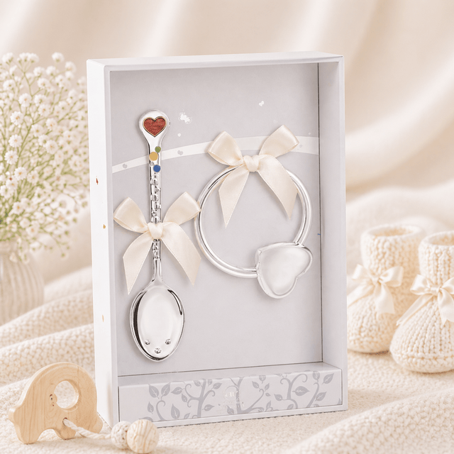 Baby Geschenkset 925 Silber Herz – Emaille - Löffel & Silber - Rassel