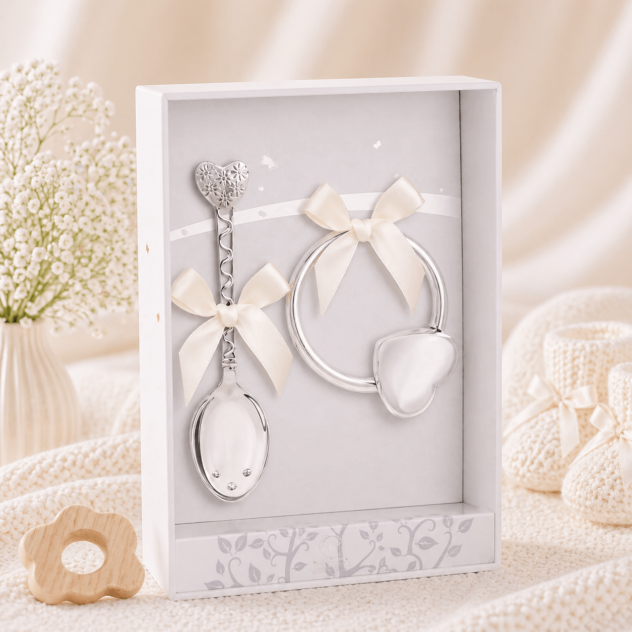 Baby Geschenkset 925 Silber Herz – Babylöffel & Rassel