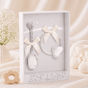 Baby Geschenkset 925 Silber Herz – Babylöffel & Rassel