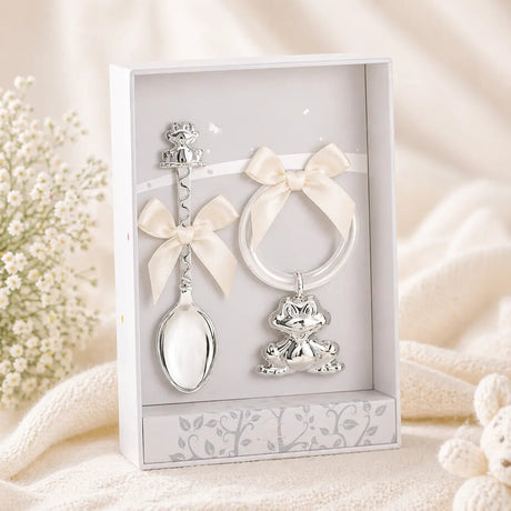 Baby Geschenkset 925 Silber Frosch – Babylöffel & Acrylring - Rassel