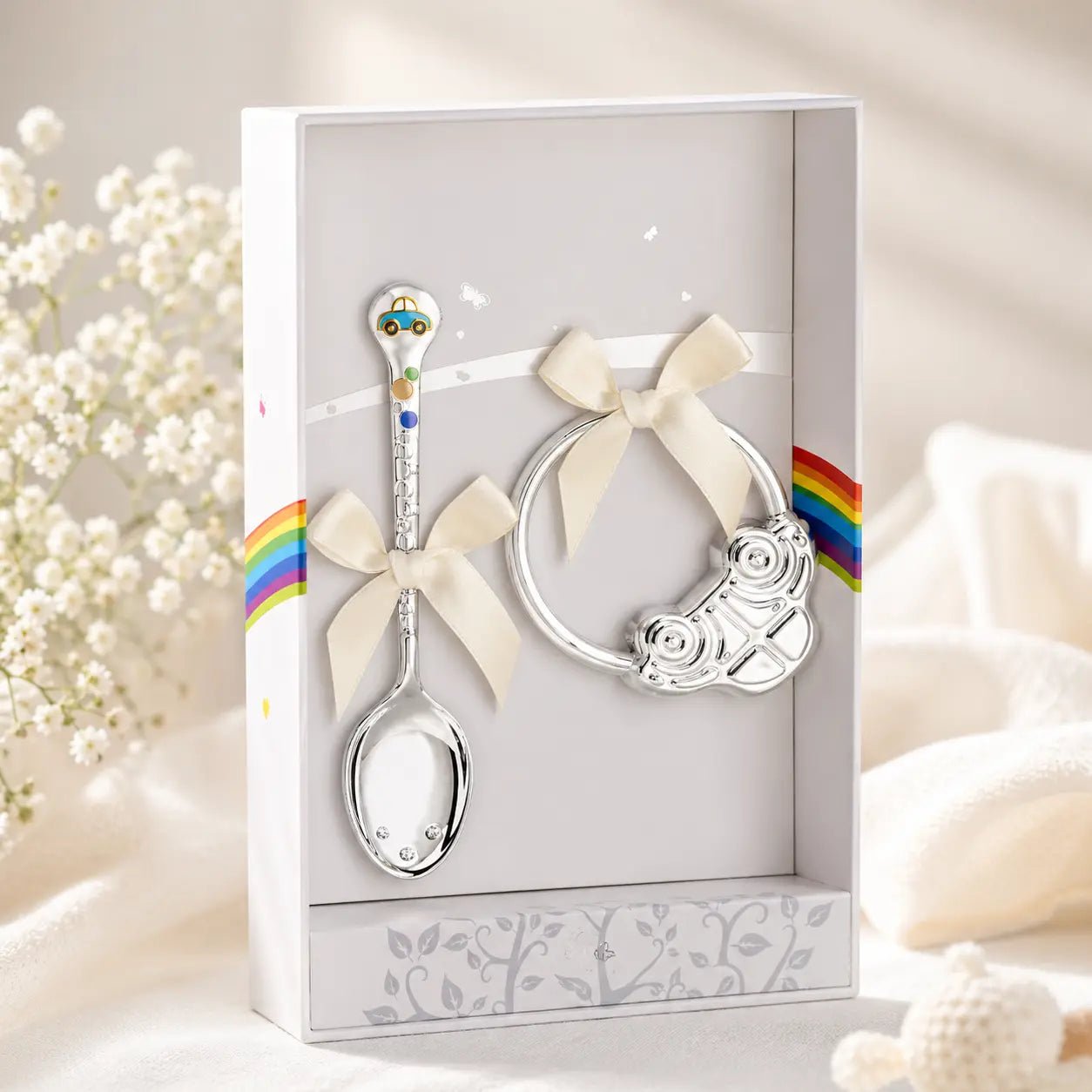 Baby Geschenkset 925 Silber Auto – Babylöffel & Babyrassel