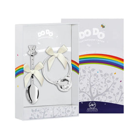 Baby Geschenkset 925 Silber Teddybär – Babylöffel & runde Rassel in Geschenkbox