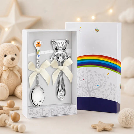 Baby Geschenkset 925 Silber Teddybär – Babylöffel Orange & Rassel