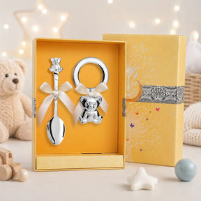 Baby Geschenkset 925 Silber Teddybär – Babylöffel & Rassel mit Acrylring