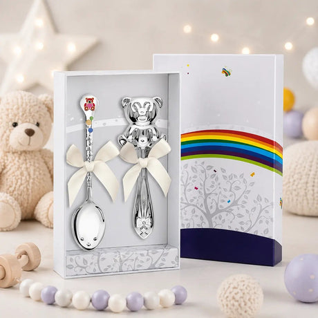 Baby Geschenkset 925 Silber Teddybär – Babylöffel Lila - Rot & Rassel