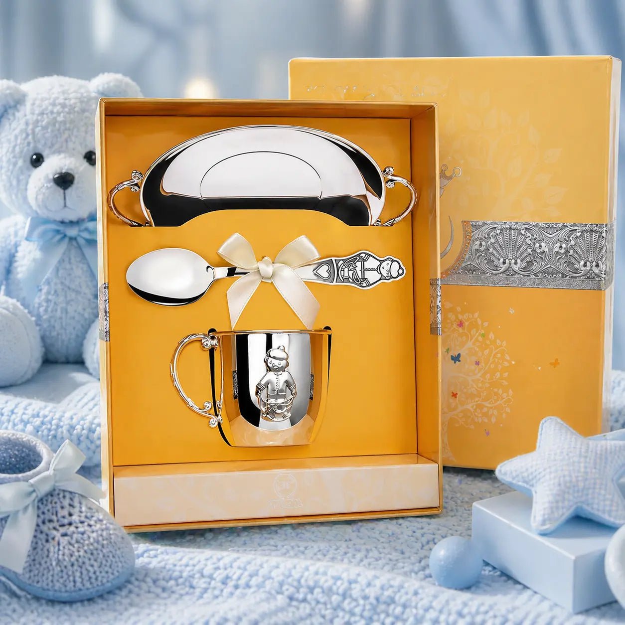 Baby Geschenkset 925 Silber Junge – Tasse, Löffel & Teller