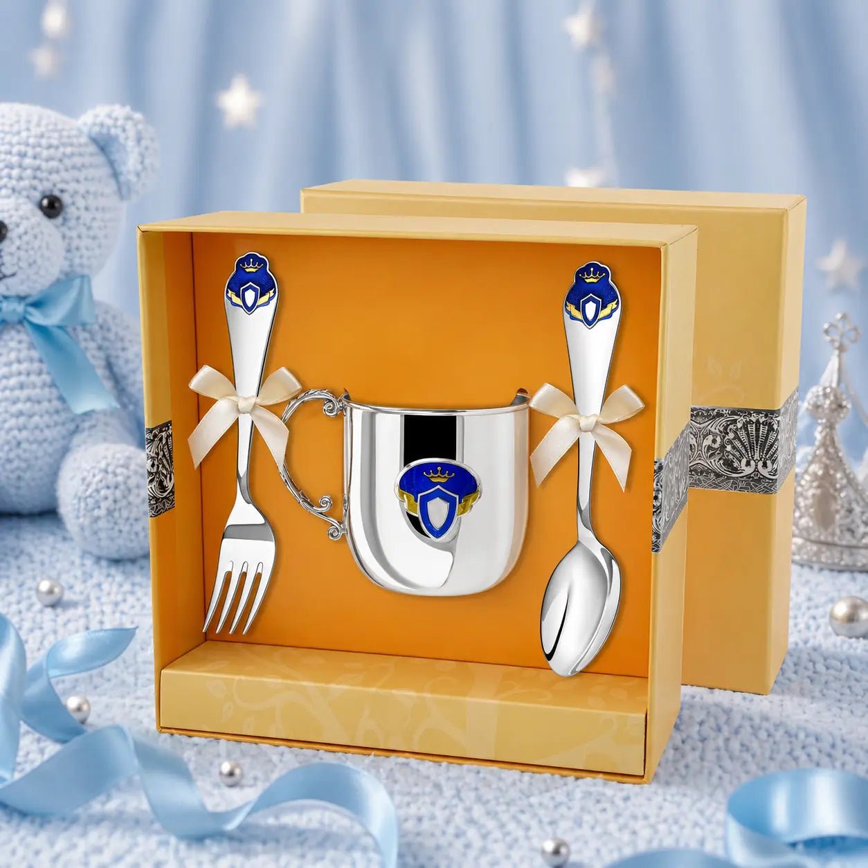 Baby Geschenkset 925 Silber Prinz – 3 - teilig mit blauer Emaille