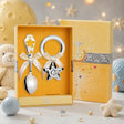 Baby Geschenkset 925 Silber Sterne – Babylöffel Gelb - Blau & Beißring