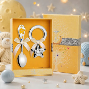 Baby Geschenkset 925 Silber Sterne – Babylöffel Gelb - Blau & Beißring